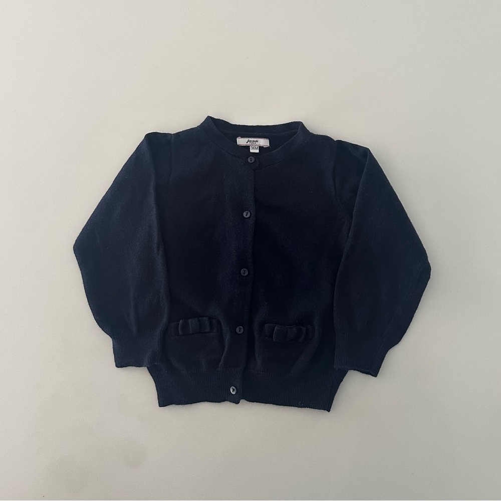 JACADI girl navy wool blend cardigan with bows on pockets